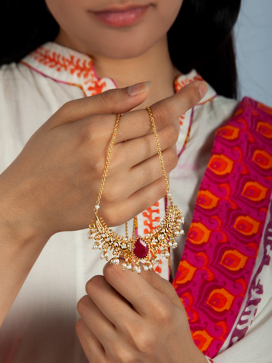 925 Sterling Silver Gold Plated Necklace with Ruby and Pearl
