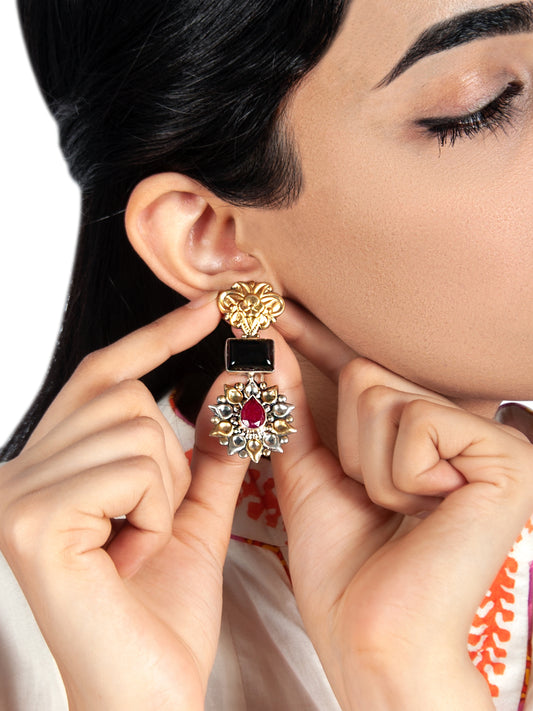 925 Sterling Silver Two Tone Earring with Black Onyx and Ruby