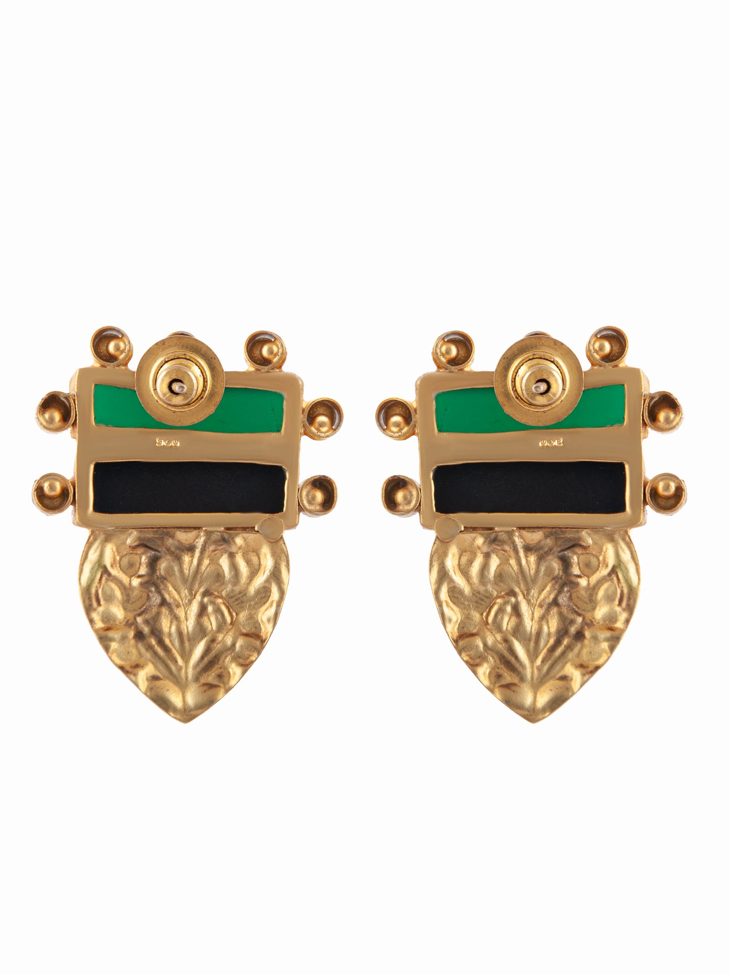 925 Sterling Silver Embossing Kundan Earrings with Green and Black Onyx