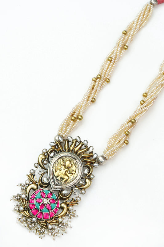 Silver Two Tone Necklace with Signature Motif and Pearl Maala - Neeta Boochra Jewellery