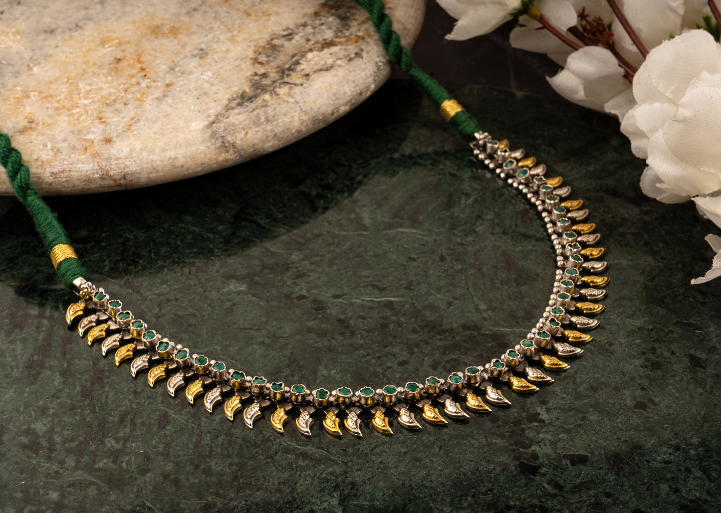 925 Sterling Silver Two Tone Paisley Necklace with Green Onyx