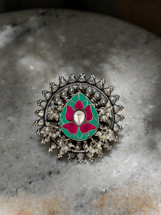 NB Signature Lotus Motif Adjustable Ring with Freshwater Pearl