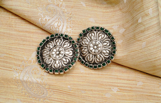 925 Silver Floral Studs with Natural Green Gemstone - Neeta Boochra Jewellery
