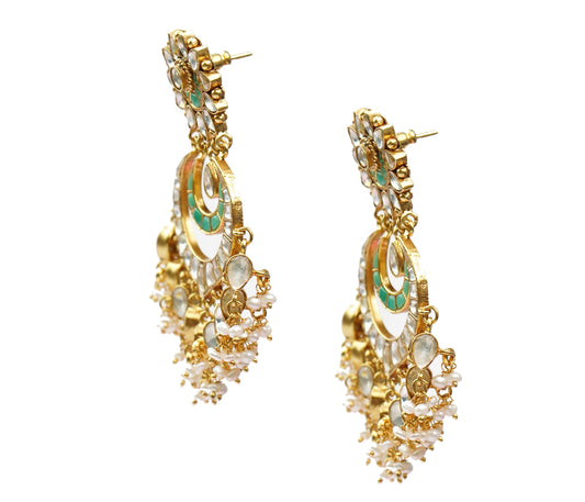 925 Silver Gold Plated White and Green Kundan Chandbali with Pearls
