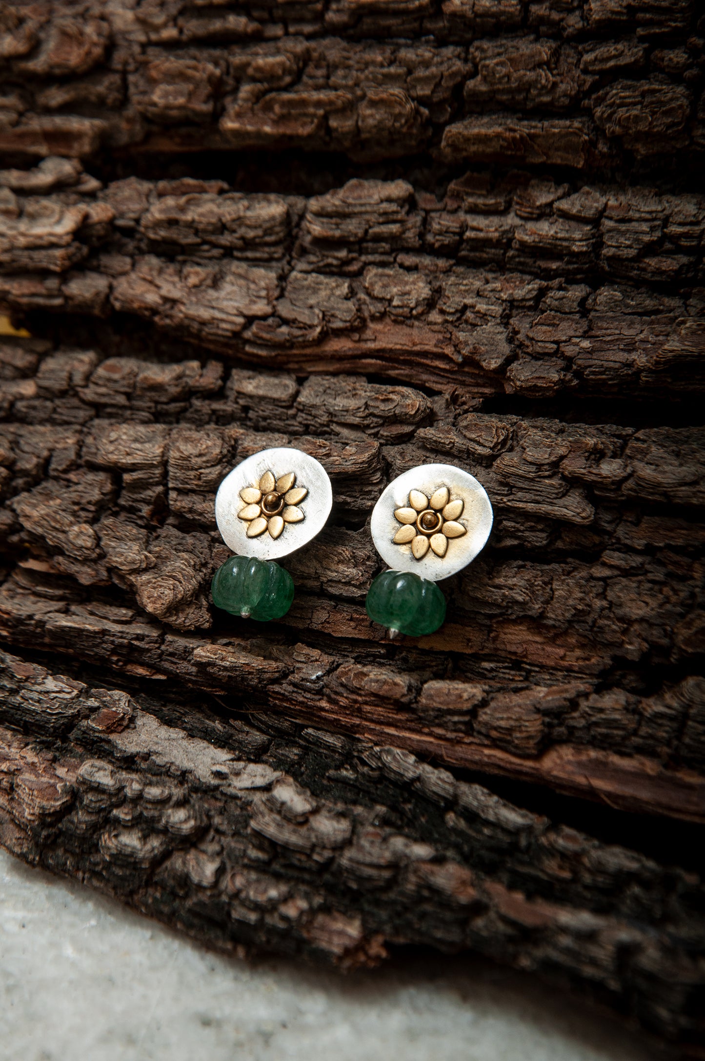925 Sterling Silver Two Tone Sunflower Earrings with Melon Cut Green Onyx Drop