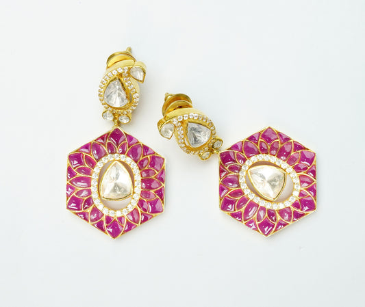 925 Silver Gold Plated Red Paisley Kundan Earrings - Neeta Boochra Jewellery