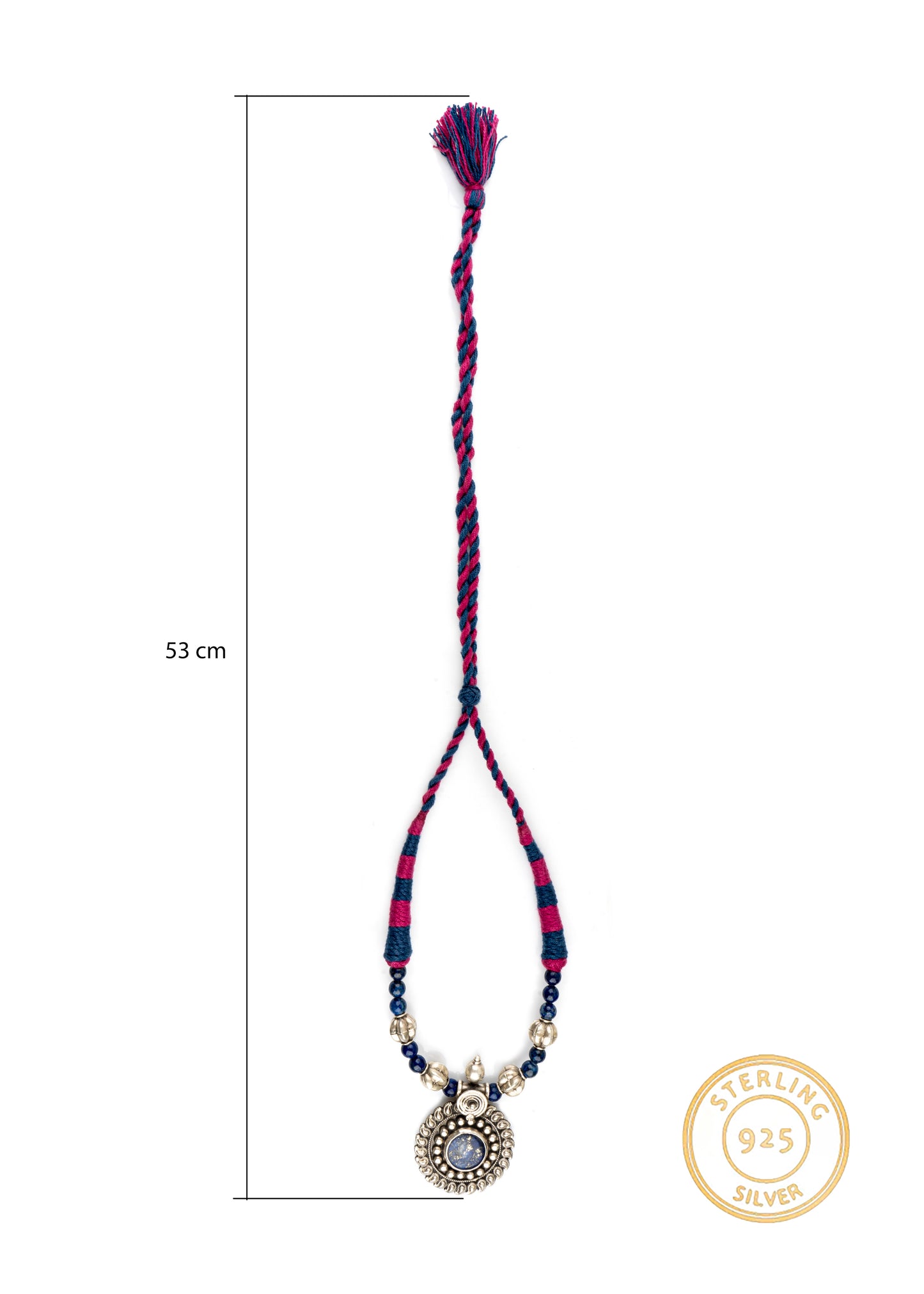925 Sterling Silver Necklace with Blue Lapis Pendant and Adjustable Patwa Thread