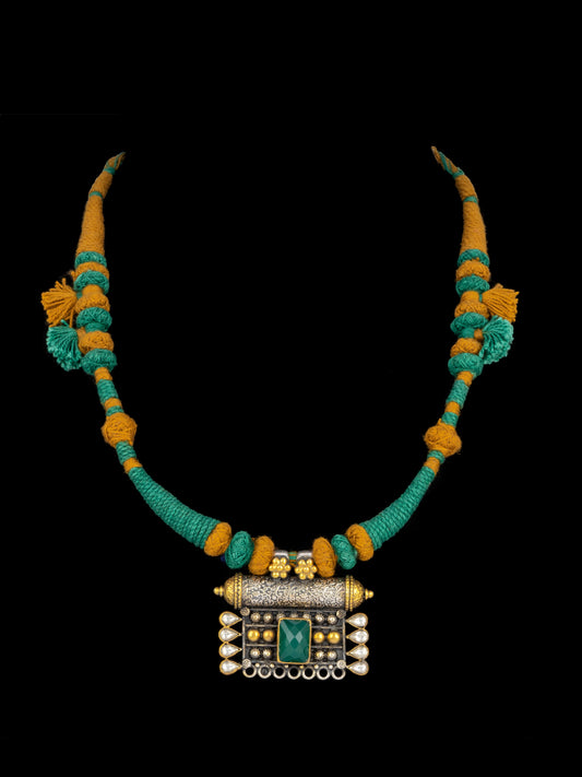 Dual Tone Green Onyx Textured Pendant Necklace with Adjustable Patwa Thread