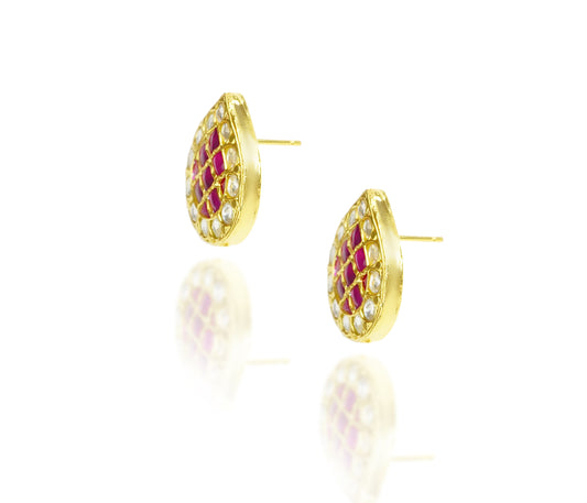 925 Silver Gold Plated White and Red Kundan Paan Studs