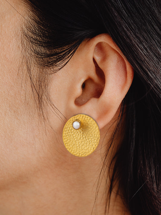 Textured Circular Pearl Gold Plated Studs