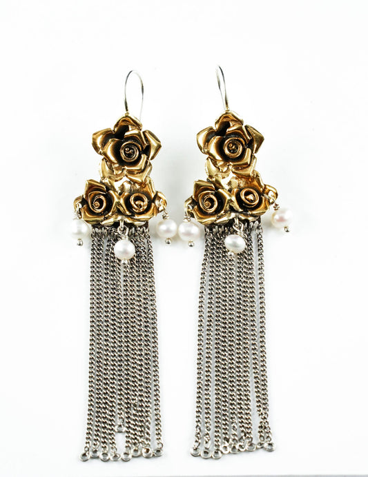 Floral Two-Toned Long Earrings with Pearl - Neeta Boochra Jewellery