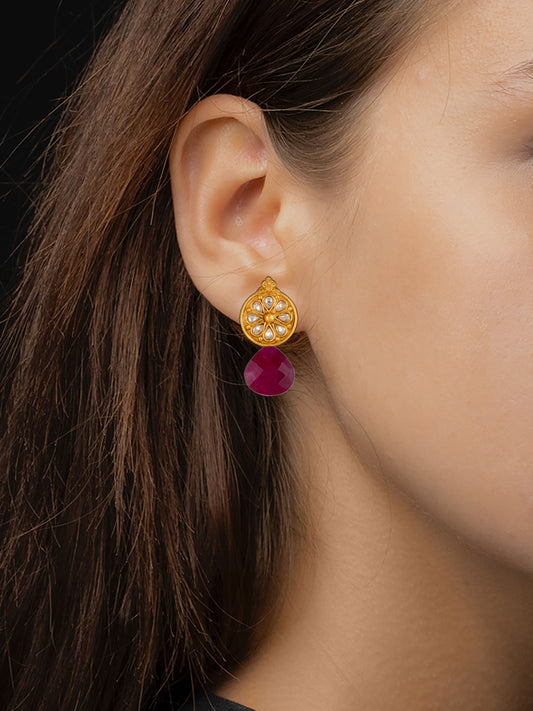 Gold Plated Floral Studs with Ruby