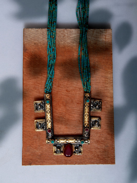 925 Sterling Silver Two Tone 22K Gold Plated Turquoise Beaded Necklace With Ruby and Turquoise Gemstone