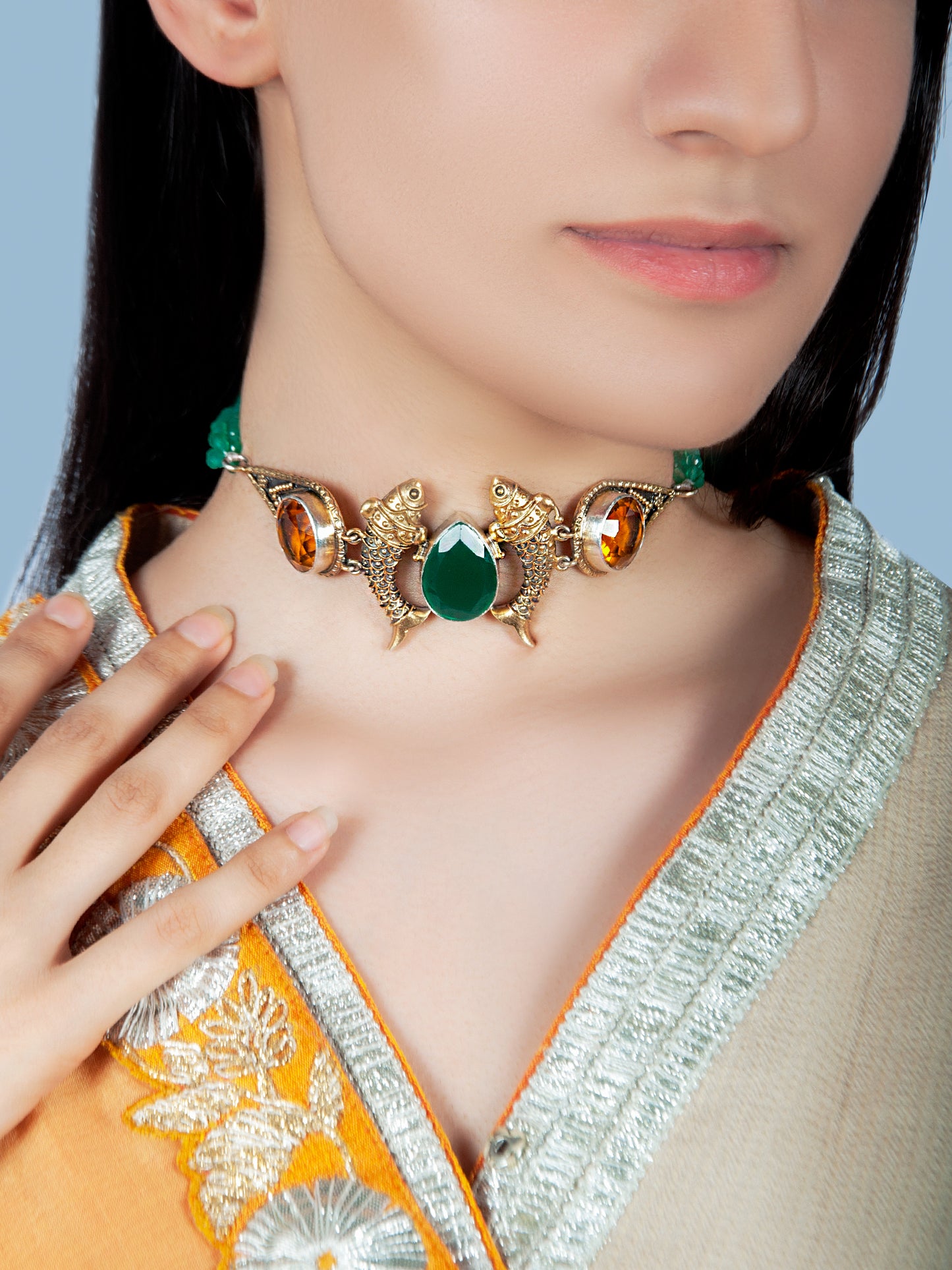 925 Sterling Silver Fusion Two Tone Fish Choker with Green Onyx