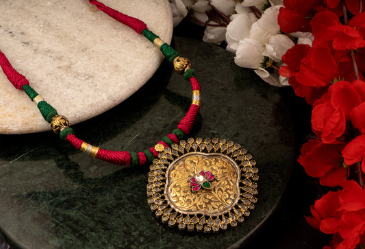 925 Sterling Silver Two Tone Chitai Necklace with Kundan Lotus Motif