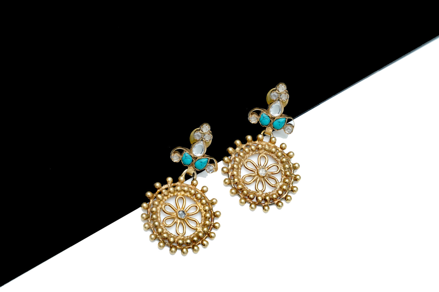 925 Silver Gold Plated Net Earrings with Turquoise - Neeta Boochra Jewellery
