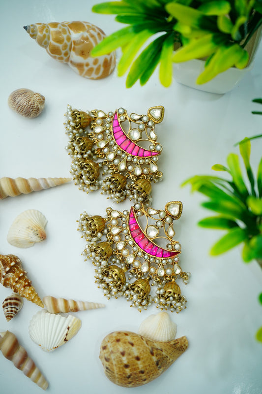 925 Silver Gold Plated Signature Fusion Jhumki Chandbali Earrings - Neeta Boochra Jewellery