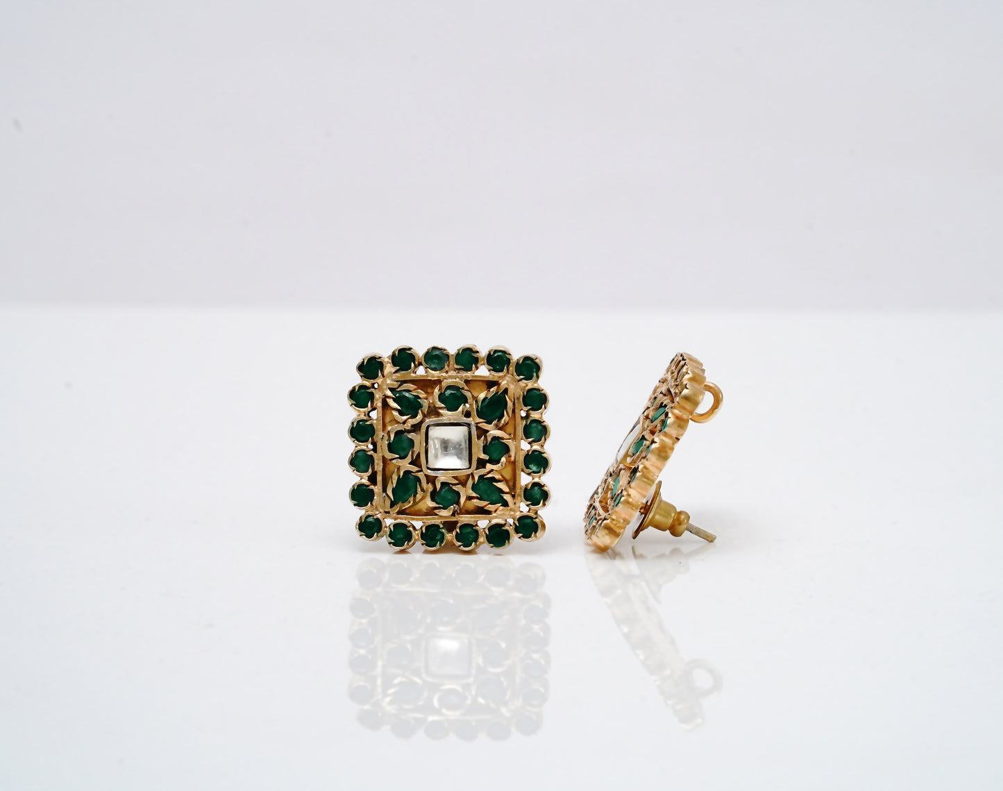 925 Silver Gold Plated Studs with Natual Green Gemstones - Neeta Boochra Jewellery