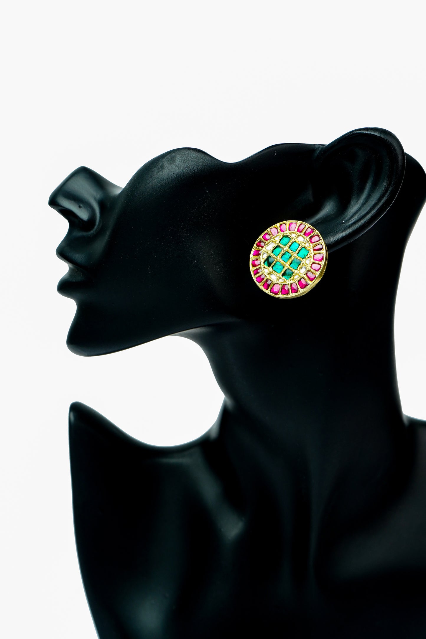 Silver Gold Plated Multi-Color Button Studs with Kundan - Neeta Boochra Jewellery