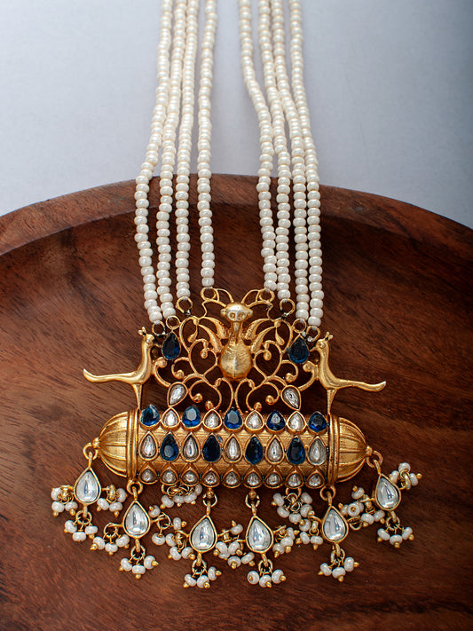 925 Sterling Silver 22K Gold Plated Pearl Beaded Necklace With Blue and White Kundan