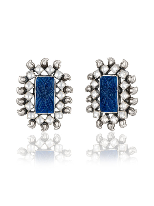 Big Kundan Studs with Blue Carved Stone and Kundan