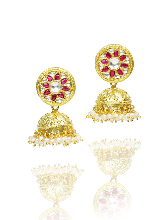 925 Silver Gold Plated Silver and Red Kundan Jhumki Earrings - Neeta Boochra Jewellery