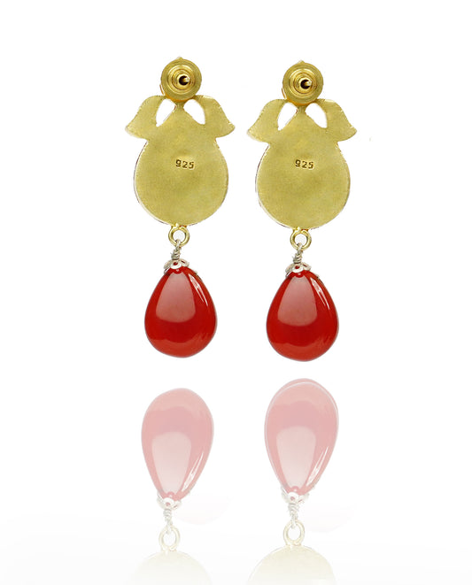 925 Silver Gold Plated Silver and Red Kunan Earrings with Drop - Neeta Boochra Jewellery