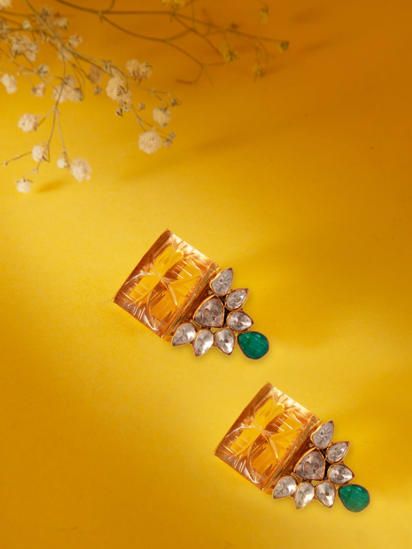 Svarnam Moissanite Orange Carved Stone Studs