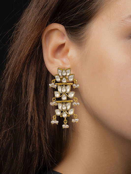 Triple Lotus Gold Plated Kundan Earrings