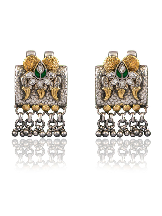 925 Sterling Silver Two Tone Twin Peacock Textured Earrings