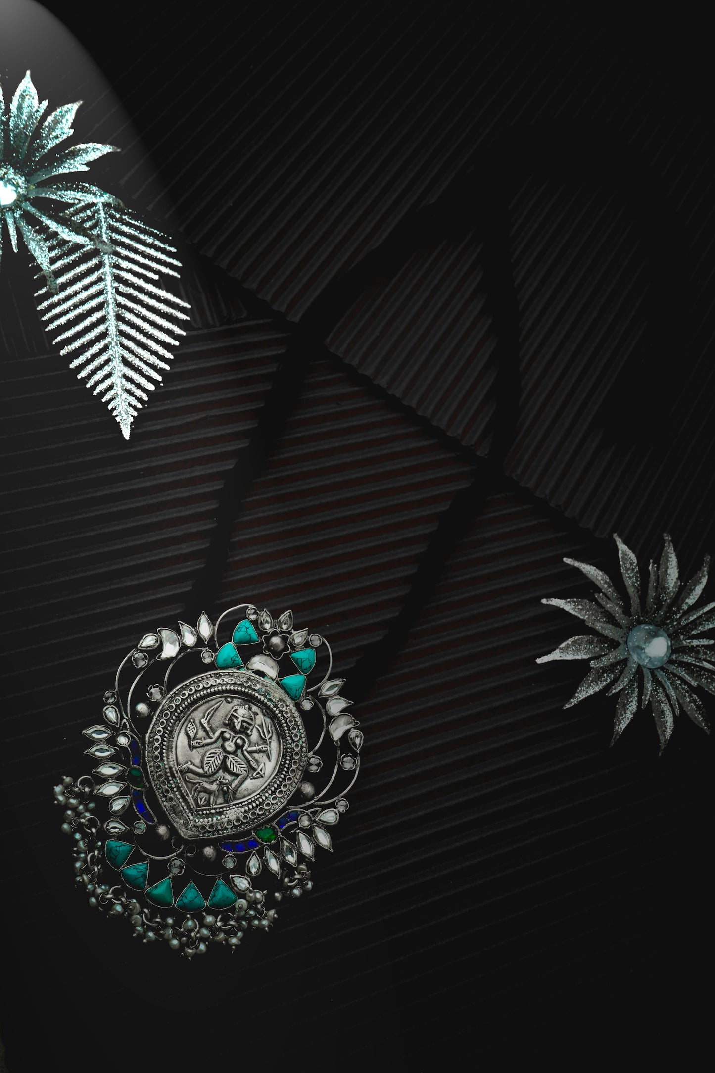 Silver Necklace with Motif and Black Patwa Thread - Neeta Boochra Jewellery