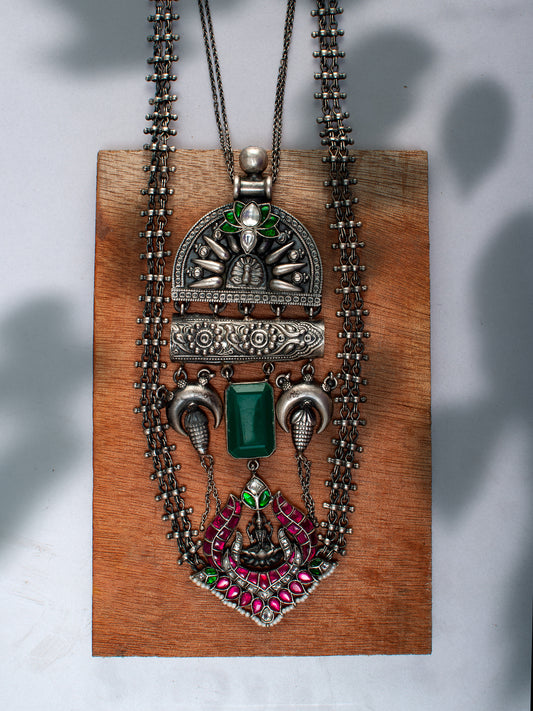 925 Sterling Silver Necklace With Green Onyx Gemstone and Green, Pink and White Kundan