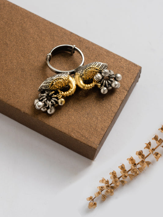 Twin Peacock Adjustable Ring with Ghungroo