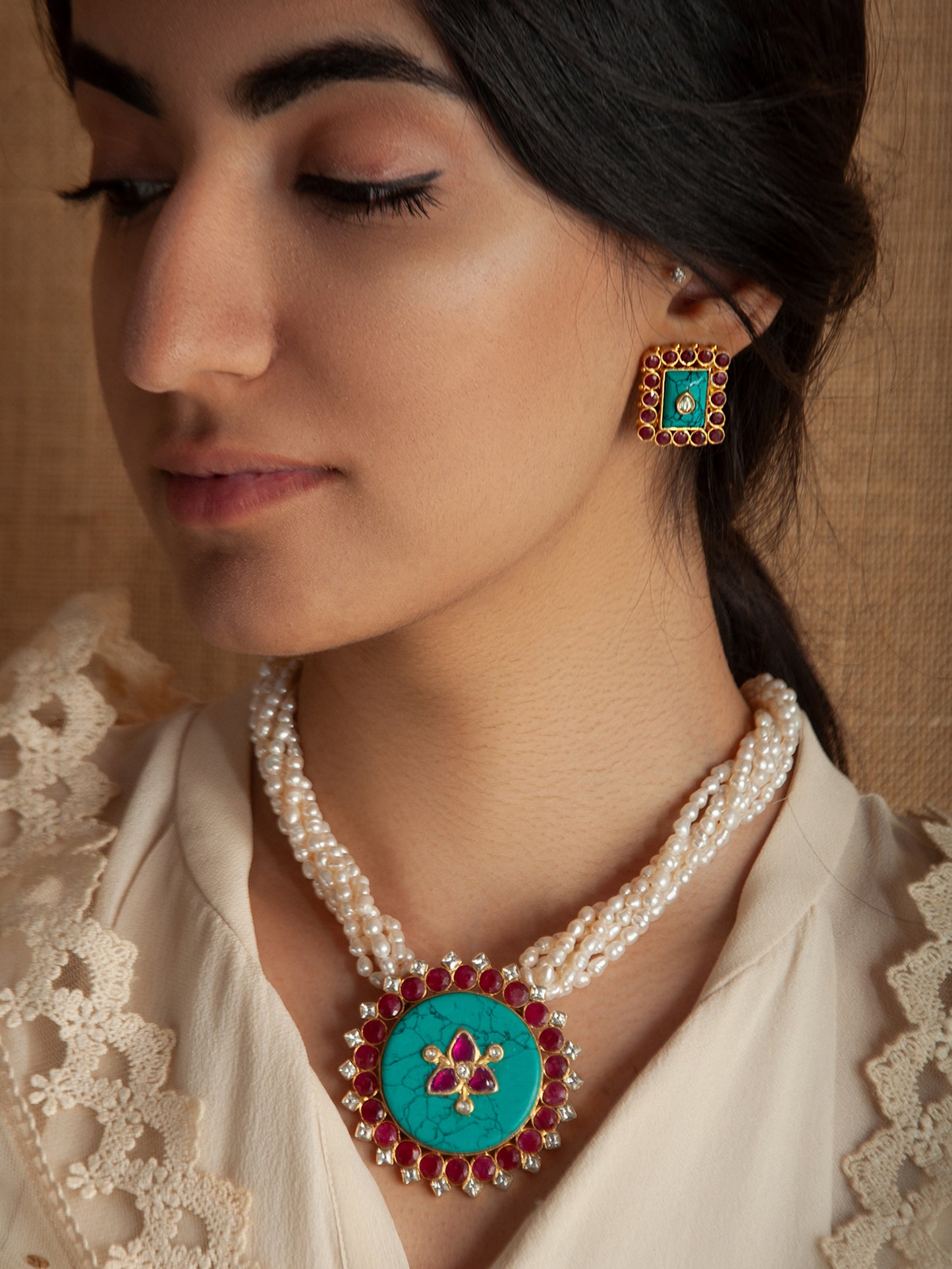 925 Sterling Silver 22K Gold Plated Pearl Beaded Necklace With Turquoise, Ruby Gemstone