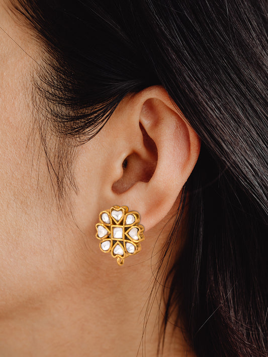 925 Sterling Silver Gold Plated Floral Studs with Kundan