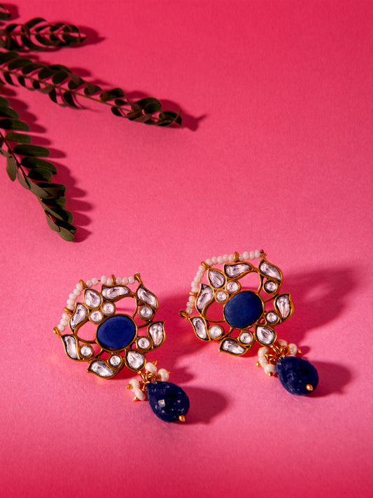 Silver Blue Lapis Kundan Earrings with Drop