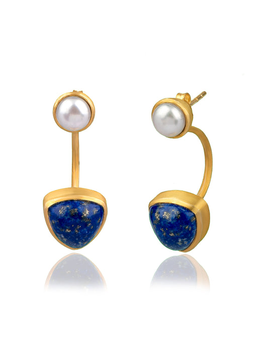 Blue Lapis and Pearl Gold Plated Modern Studs