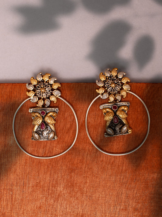 925 Sterling Silver Two Tone 22K Gold Plated Studs Earring With Pink Ruby and White Kundan