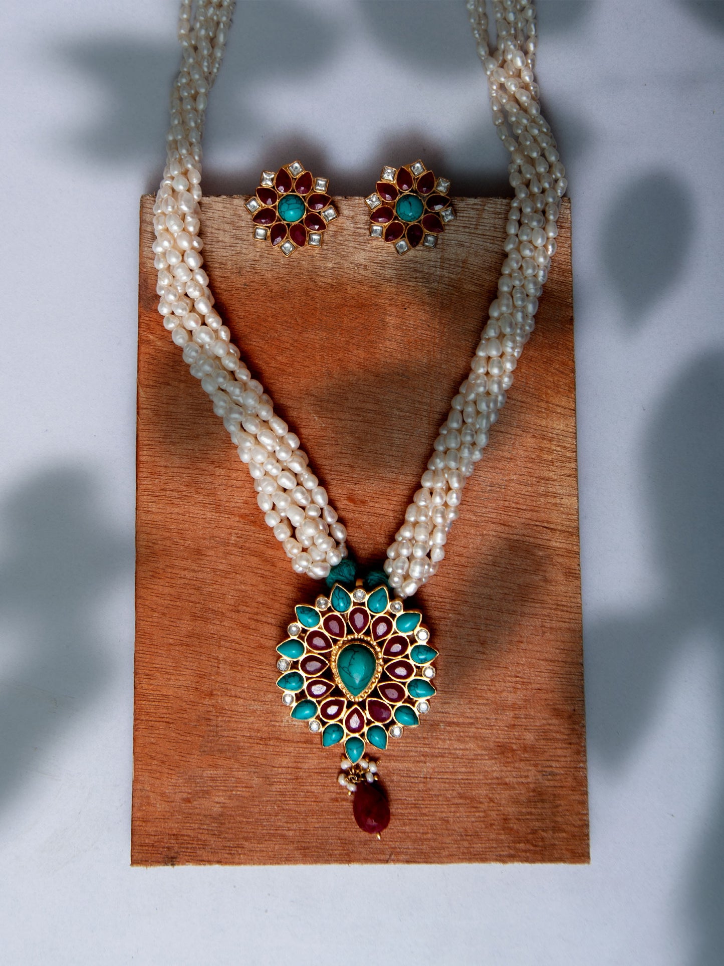 925 Sterling Silver 22K Gold Plated Pearl Beaded Necklace With Turquoise and Ruby Gemstone