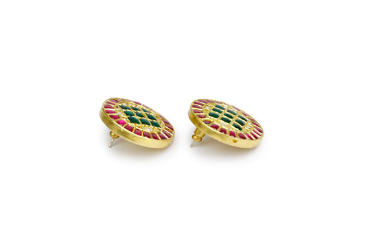 Silver Gold Plated Multi-Color Button Studs with Kundan - Neeta Boochra Jewellery