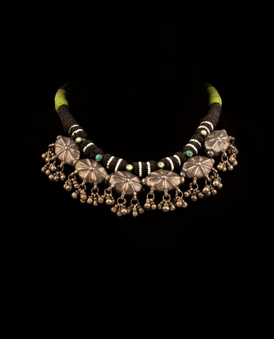 925 Sterling Silver Oxidized Necklace with Green and Black Adjustable Patwa Thread