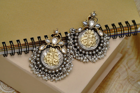 925 Silver Two Tone Earrings with Pearls and Kundan - Neeta Boochra Jewellery