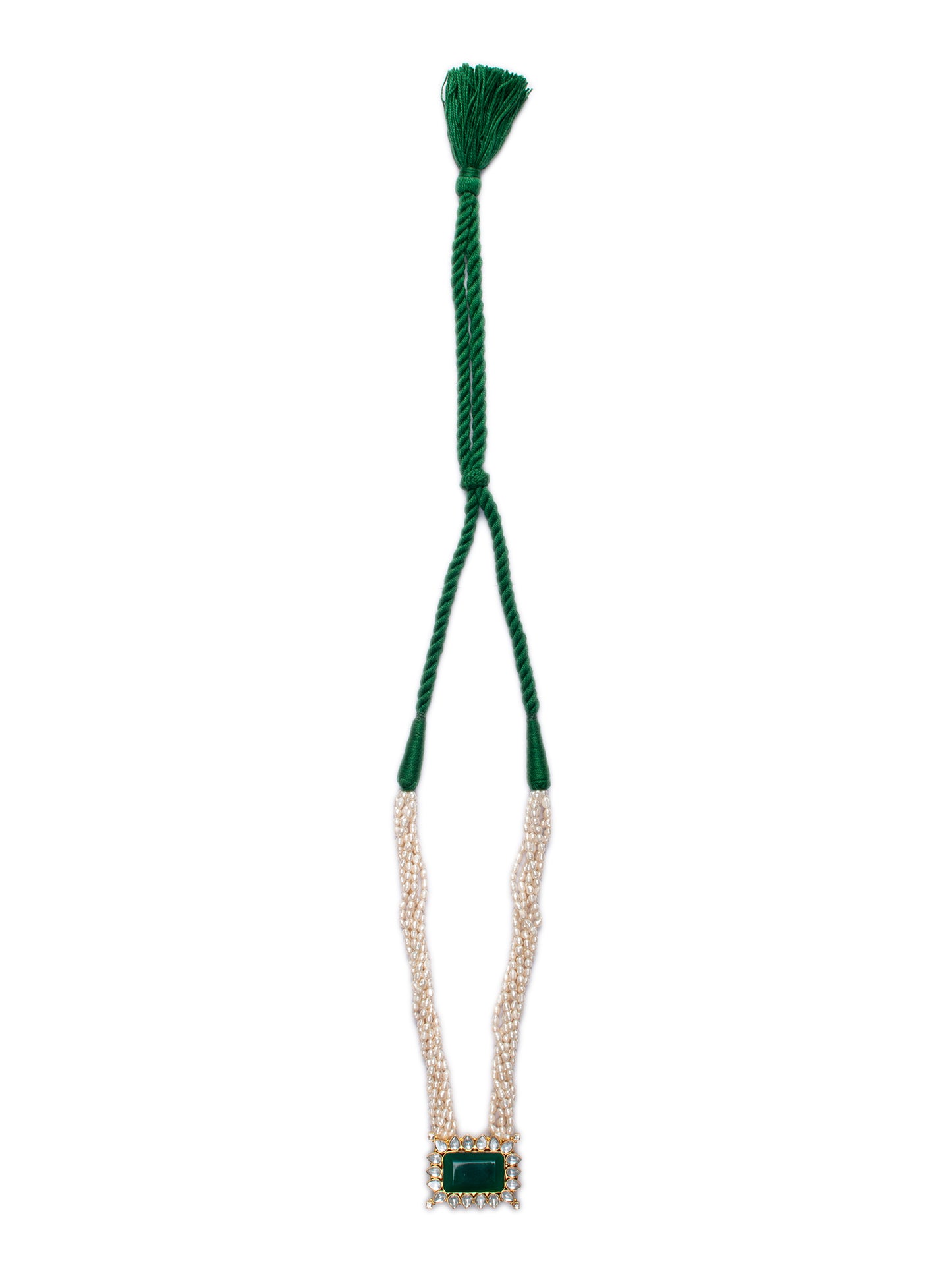 925 Sterling Silver 22K Gold Plated Pearl Beaded Necklace With Green Onyx Gemstone and White Kundan