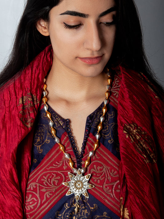 925 Sterling Silver Two Tone 22K Gold Plated Dholki Necklace With Star Design