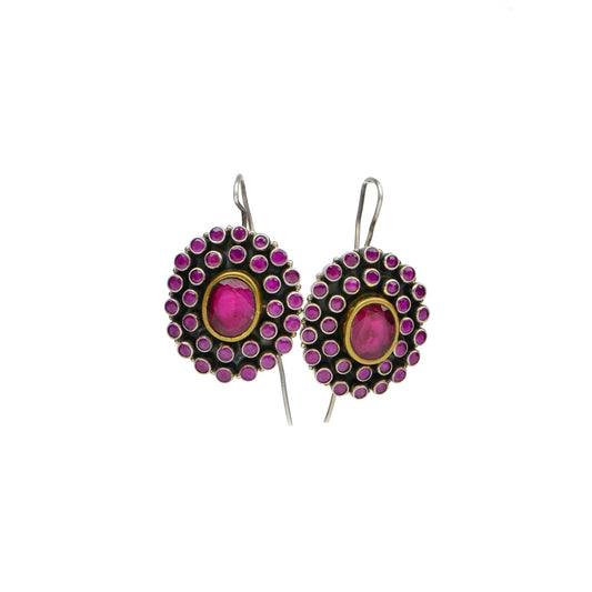 Silver Dotted Colored Gemstone Hook Earrings - Neeta Boochra Jewellery