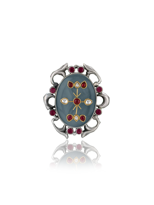 Multicolored Adjustable Ring with Intricate Kundan Work on Natural Gemstone