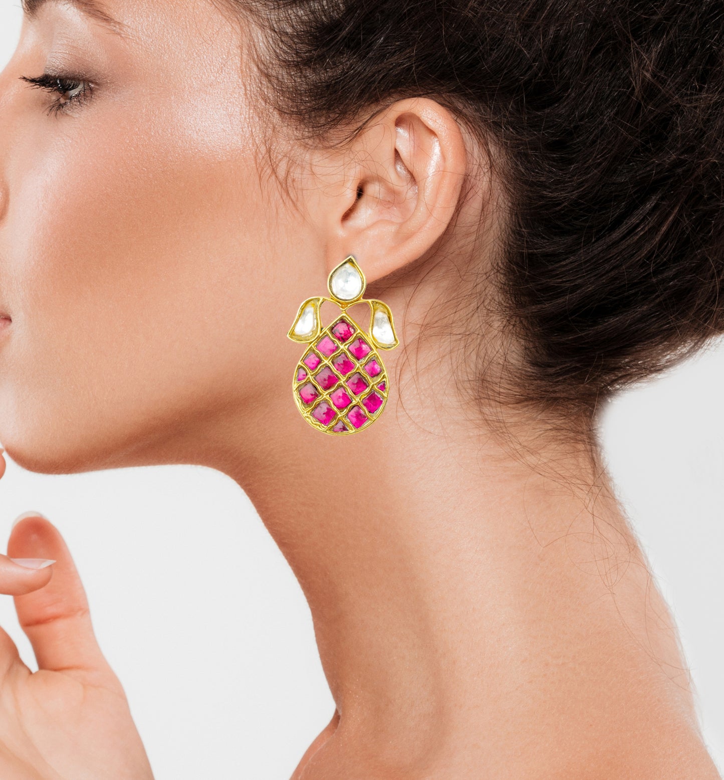 925 Silver Gold Plated White and Red Kundan Oval Studs