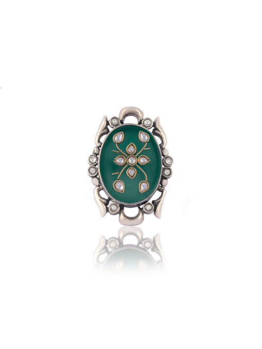 Green Onyx Adjustable Ring with Intricate Kundan Work on Gemstone