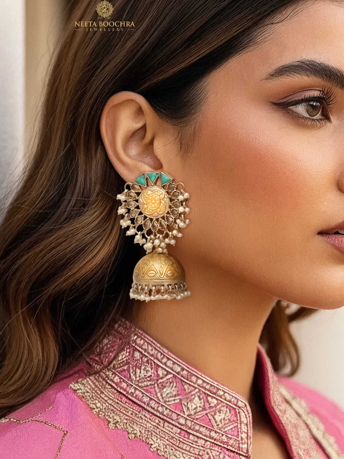 Rajwada 925 Silver Statement Two Tone Jhumkis with Turquoise and Pearl view 1