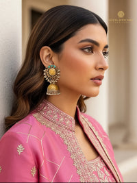 Rajwada 925 Silver Statement Two Tone Jhumkis with Turquoise and Pearl view 4